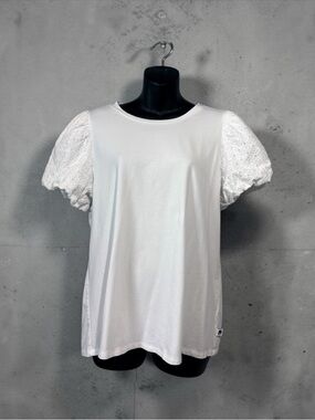 Karl Lagerfeld, White Puff Sleeve Eyelet Top Women’s Large Cotton Modal Blouse